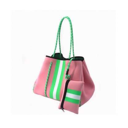 neoprene pink tote with green stripe