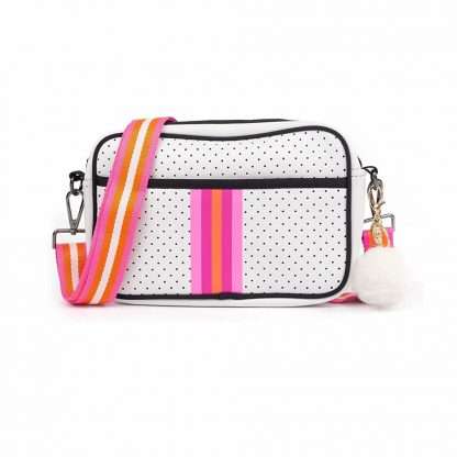 neoprene messenger bag with pink stripe